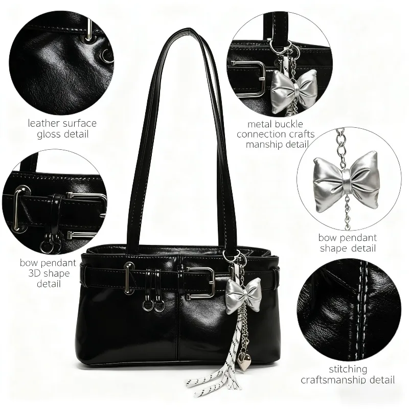 

Patent Leather Shoulder Bag with Bow Charm Retro Y2K Style Handbag Vintage Fashion Tote for Women