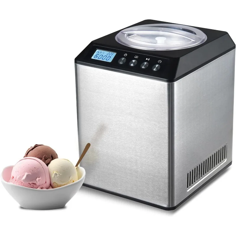 Máquina para hacer helados automática, compresor incorporado vertical de 2,1 cuartos, pantalla digital y temporizador, No requiere precongelante, acero inoxidable