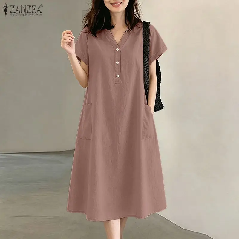 ZANZEA Women Summer Solid Color Midi Dresses Stylish V-Neck Short Sleeve Dress Casual Baggy Work Sundress Holiday Button-Up Robe