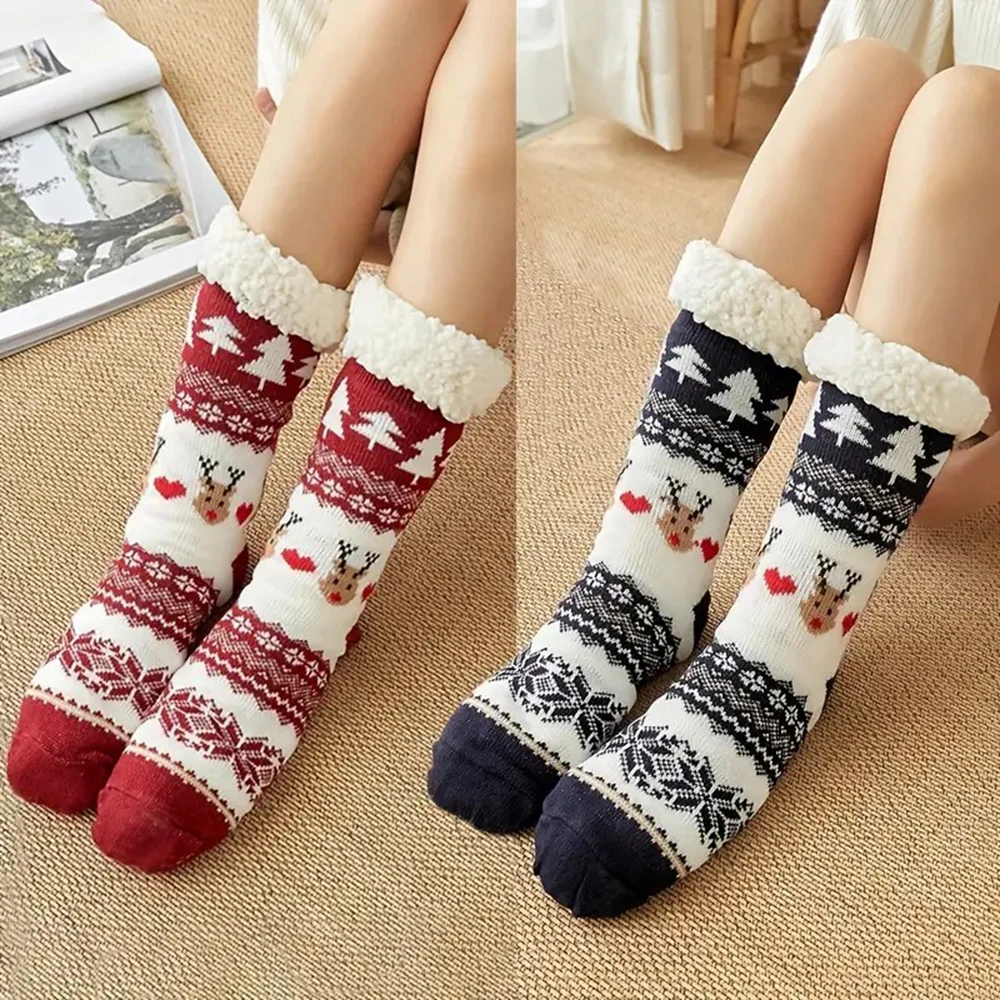 1 Pair Women Reindeer Pattern Mid Tube Socks Fashionable Autumn Winter Cartoon Socks Soft Plush Warm Comfortable Casual Socks