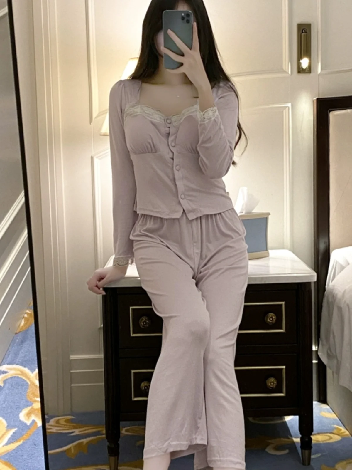 Women's Modal Sleepwear Set with Chest Pad Long Sleeve Long Pants Home Clothes Autumn Winter Sexy Lace Trim Trendy Style