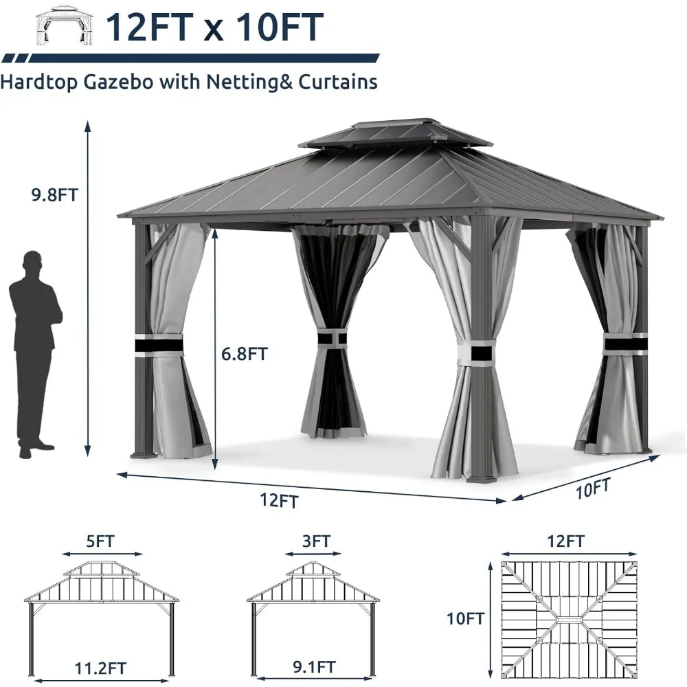 10' X 12' Hardtop Gazebo, Galvanized Steel Double Roof Aluminum Gazebo,Outdoor Metal Pergolas with Mosquito Netting and Curtains