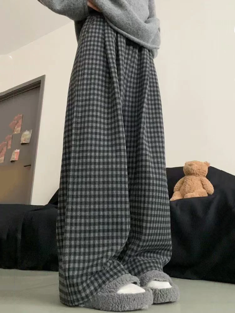 منقوشة واسعة الساق السراويل للنساء الشتاء سميكة الدافئة فضفاضة سراويل للجري الإناث عالية الخصر الشارع الشهير كل مباراة السراويل المستقيمة