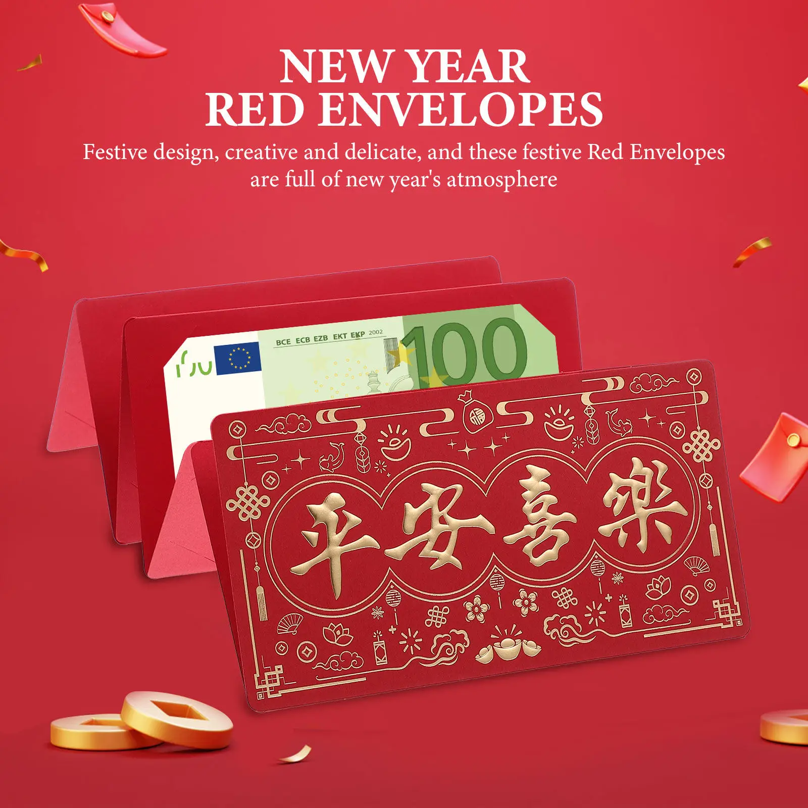 

4Pcs Red Envelopes Premium Sturdy Paper Festive Design with Auspicious Words Six-Slots Decorative Money Packets for Chinese New