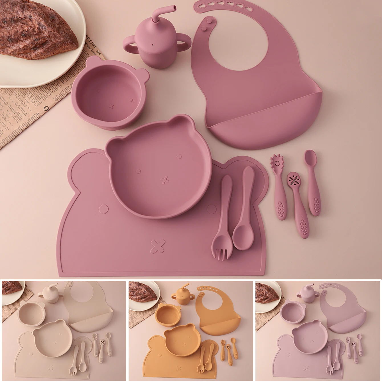

10 шт., силиконовый набор для кормления детей, присоска, тарелка, нагрудник, чашка, посуда, не содержащая BPA, предметы первой необходимости для малышей, нескользящая посуда для отлучения от груди ﻿