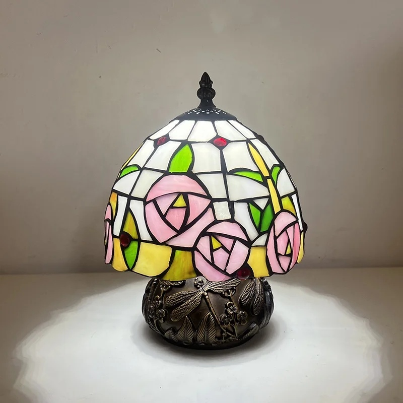 Tiffany Style Mushroom Table Lamps 8Inch Stained Glass Lamp Pink Rose Flower  Vintage Light for Living Room Home
