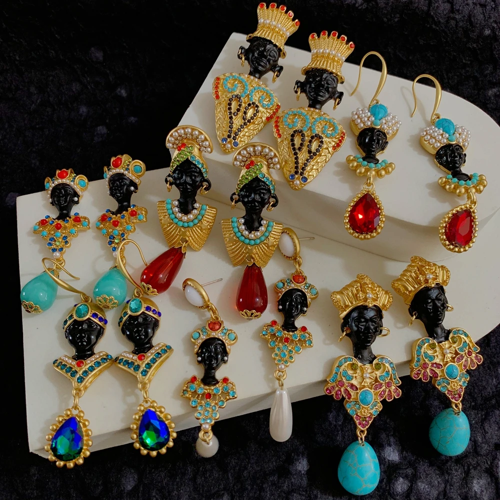 Vintage Ancient Egyptian Black Moors Colored Turquoise Pearls Male and Female Black Statue Earrings