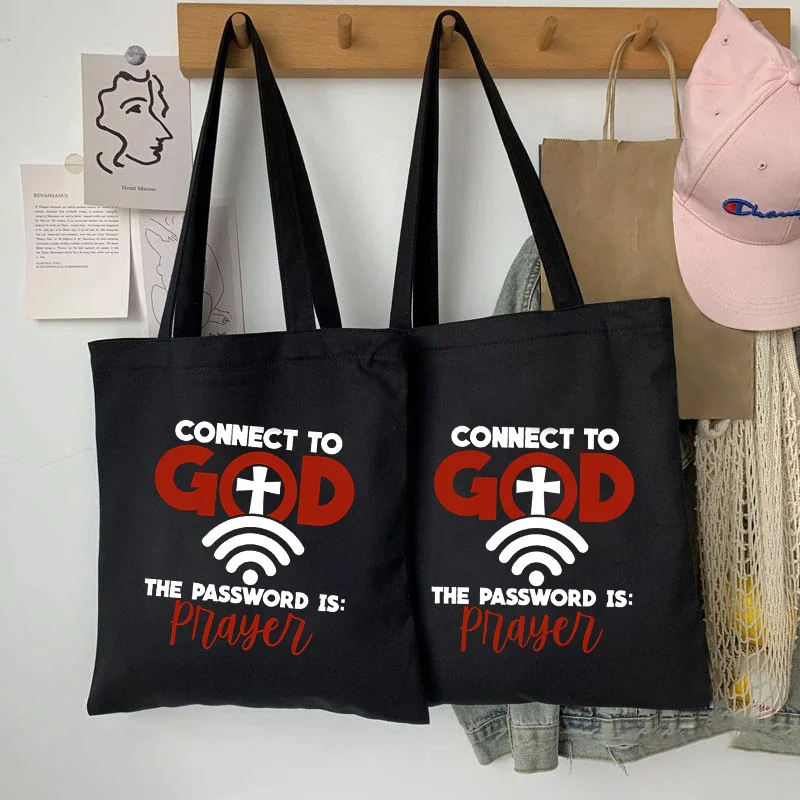 Connect To God The Password Is Prayer Pattern Tote Bag Best Religious Gift for Christian Prayer Supplies Organizer Shopping Bag