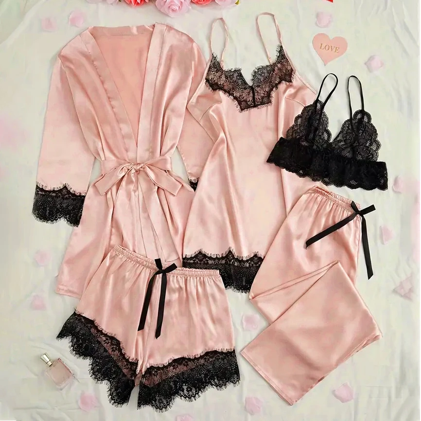 Damen Satin Nachtwäsche Pyjama Set Rosa Sexy Dessous Bademantel Spitze Patchwork Seide Nachtkleid Hose Home Bekleidet Nachtwäsche – Detail 8
