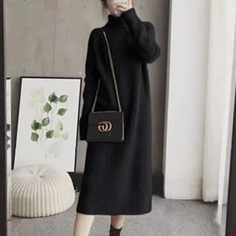 

Women Turn-Down Collar Wool Skirt Solid Color Minimalist Style Blended Knitted Sweater Autumn Winter Classic High Collar Clothes
