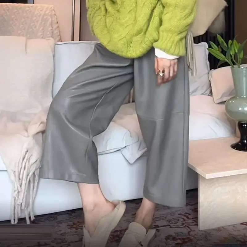 elastic waist wide-leg casual pants women's 2025 autumn new simple commuting versatile fashion nine-point leather pants