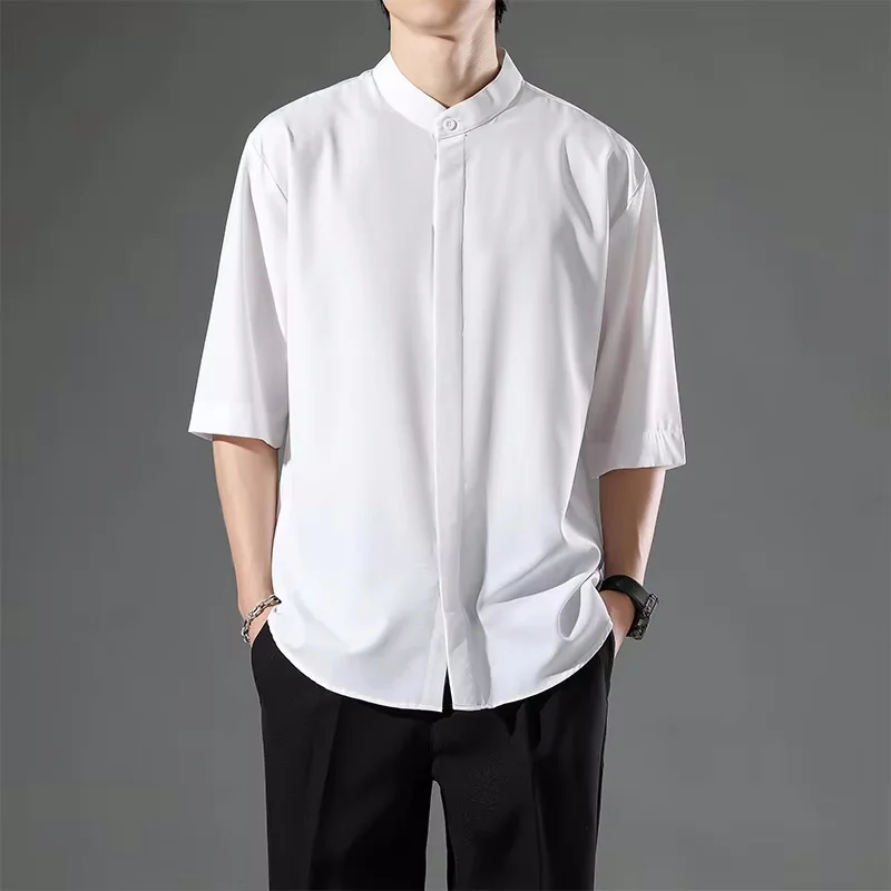 

Летние тонкие рубашки с короткими рукавами, мужские свободные эластичные деловые повседневные рубашки в японском стиле, мужские формальные топы с воротником-стойкой без утюга