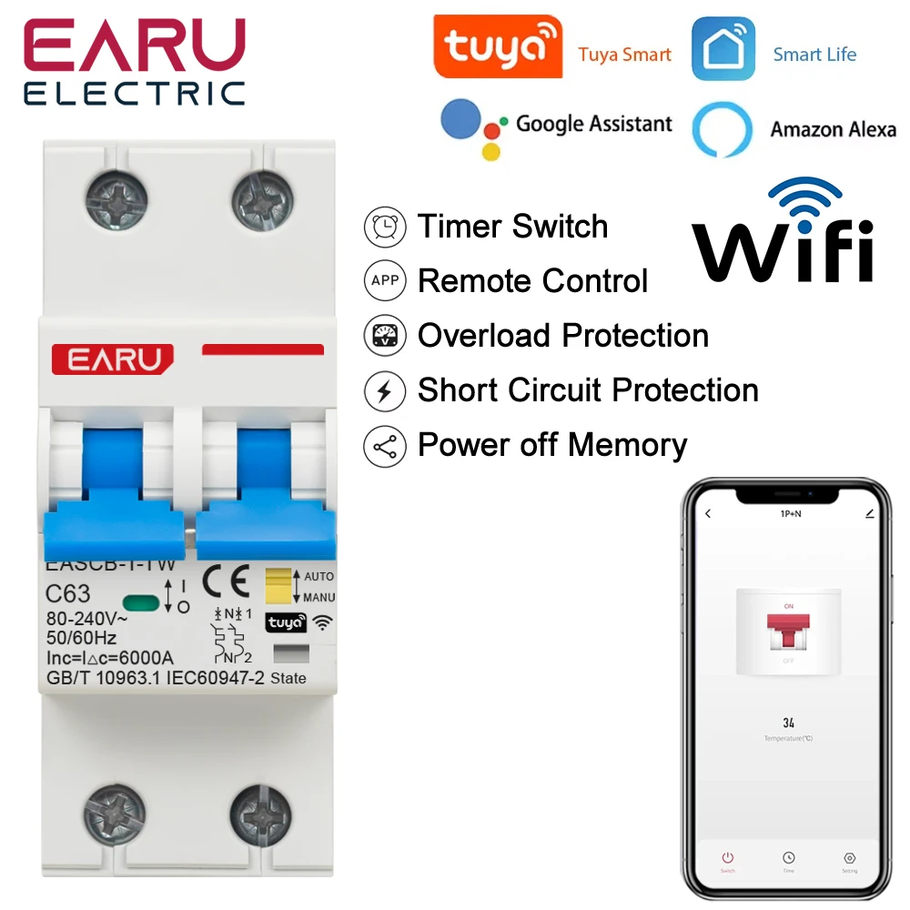

2P Tuya WiFi Smart Circuit Breaker MCB Timer Relay Switch Remote Control AC 63A 16A Power-off Memory Alexa Google Home Assistant