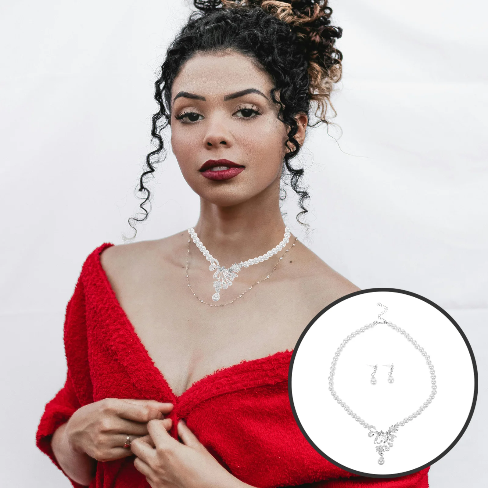 

1Set Delicate Pearl Rhinestone Necklace Earrings Women Wedding Prom Party Stylish Pendant Creative Earring Set
