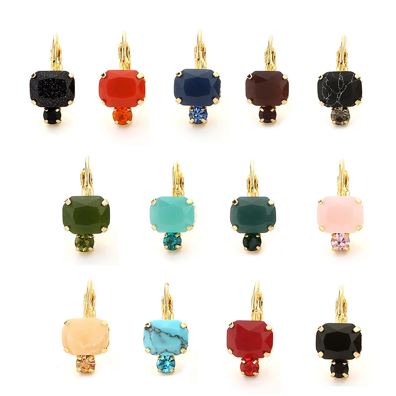 Charm Fashion Gold Jewelry Classic Women Cute Gift Rectangle Multi Color Sliced Stone Clip Claw Rhinestone French Clip Earrings