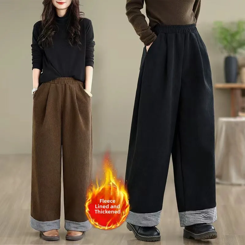

Retro Winter New Pure Color Wide Leg Pants Women's Casual Loose Fit Fce Lined Trousers High Waist Long Cotton Blend
