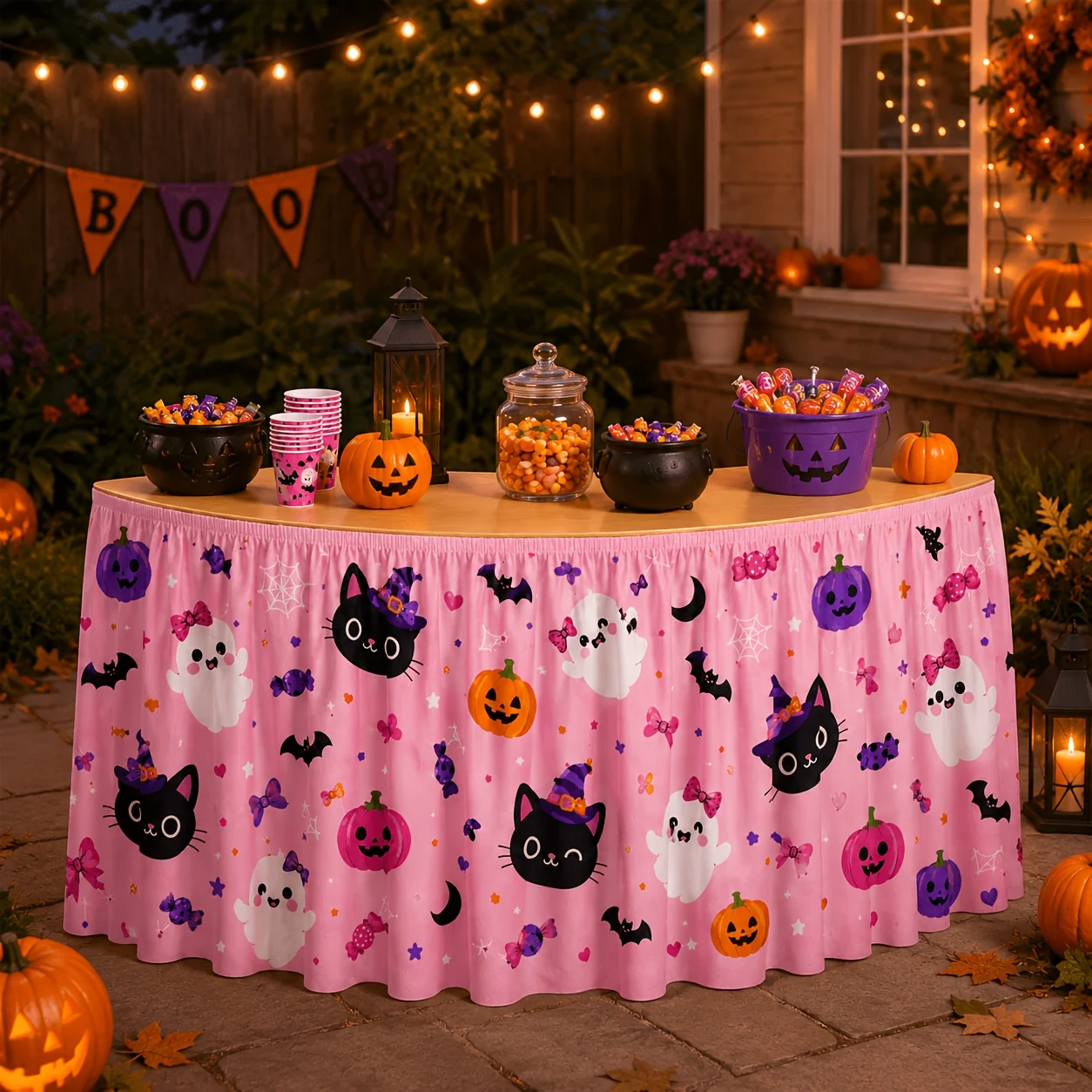 One table skirt. Cute pink Halloween table skirt pattern. Cartoon print. Girl. Halloween party decoration.xzj