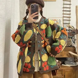 Japanese Cartoon Fruits Knitted Cardigan Women Basics O-Neck Cardigan Female Long Sleeved Knitted Loose Cardigan Autumn Winter