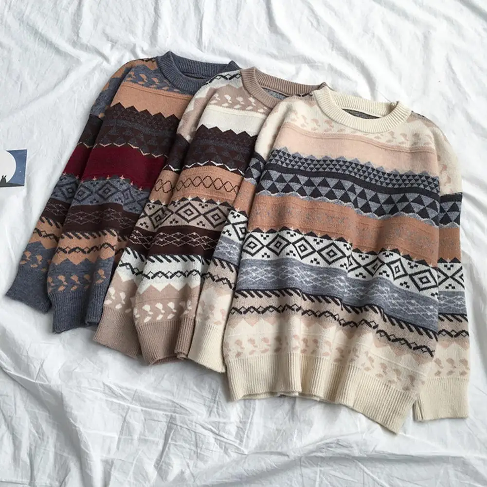 Preppy Grunge Retro Striped Knitted Sweater Autumn O Neck Full Sleeve Jumpers Fairycore Vintage Aesthetics Grandpa Pullovers