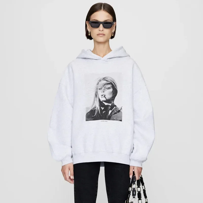 

Winter New North American Niche AB Portrait Digital Print Fleece Women's Loose Hoodie