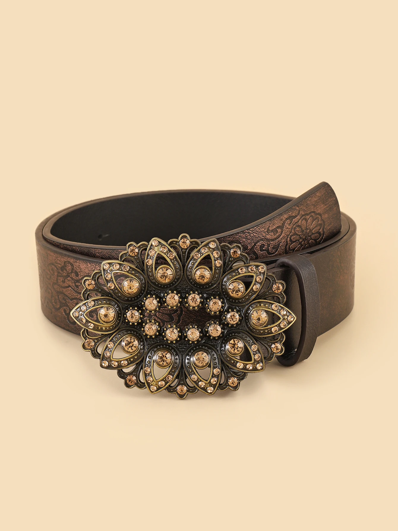 

Fashion Rhinestones Decor Textured Buckle Embossed Strap Belts for Women
