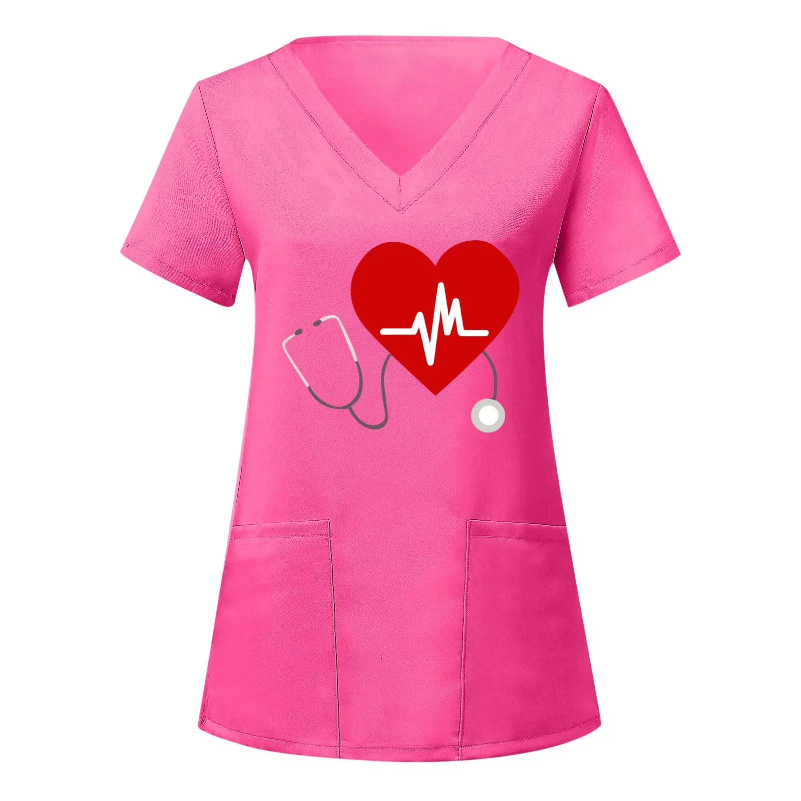 Camisetas Uniformes de Enfermagem Médica Feminina, Tops com Decote V, Camisetas de Manga Curta, Bolso, Stretch, Ombre, Impressão de Amor, Roupas Femininas, Novo