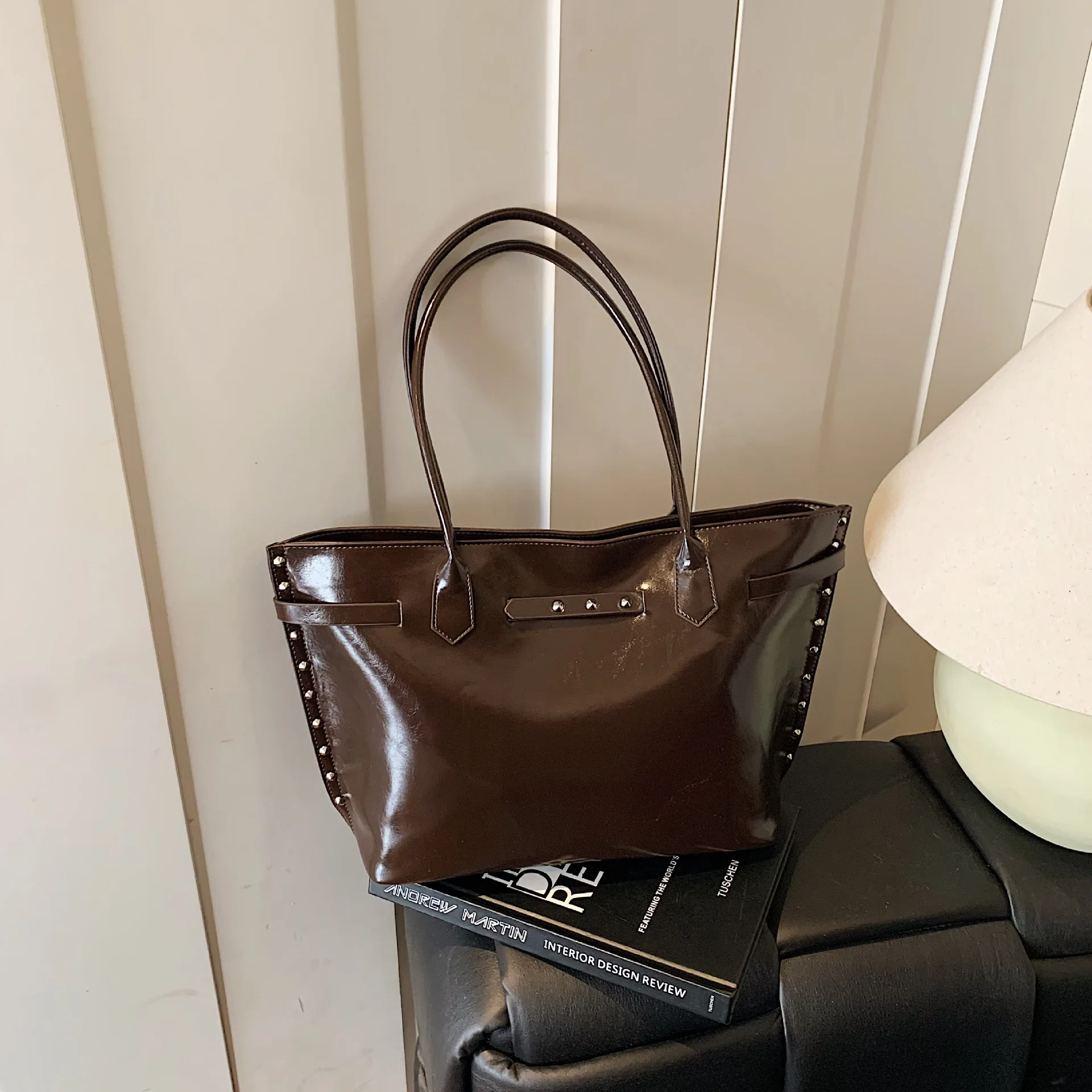 

2025 Glossy Tote Bag, Vintage Studded Shoulder Purse for Women, Niche Underarm Crossbody, Edgy Day to Night Bag, Textured Sling