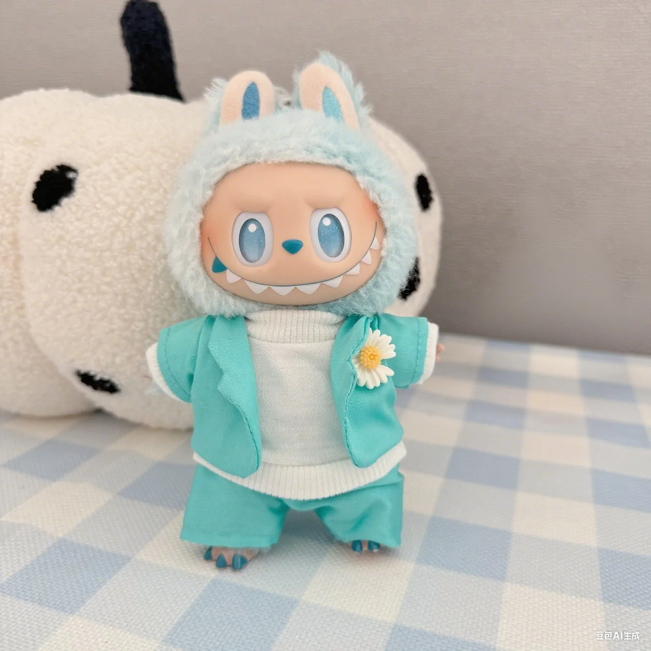 

Elegant Suit Set For 1st - 3rd Gen 15/17cm Labubu Dolls Light Blue Blazer With Daisy White Knit & Shorts
