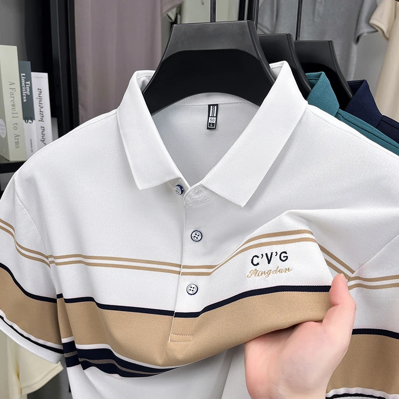 

Оригинальная брендовая мужская рубашка-поло с лацканами и коротким рукавом, летняя новая полосатая вышивка с цветными блоками, элитная деловая мужская одежда