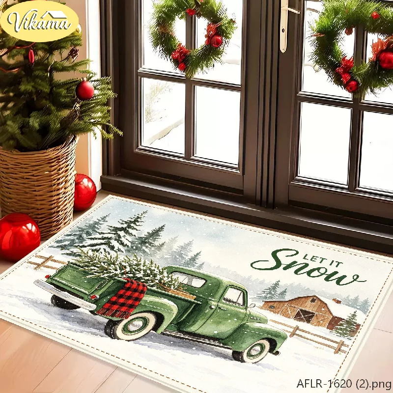 Christmas Snow Scene Cardinal Flannel Door Mat, Non-Slip Xmas Floor Carpet, Christmas Decor for Home Entryway Front Door Office