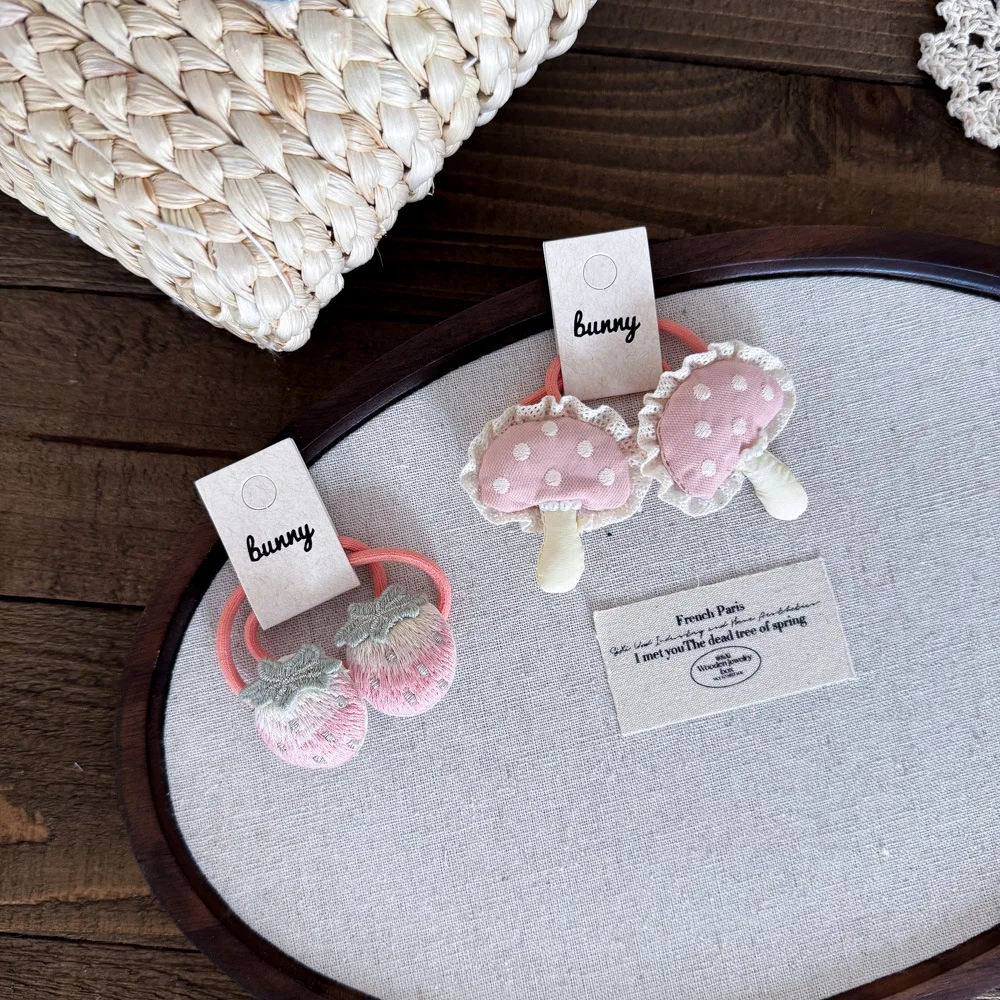 Kids Hair Clips Hair Ties Small Pink Mushroom Strawberry Lace Side Headwear High Elastic Ponytail Bands Soft Fabric Daily