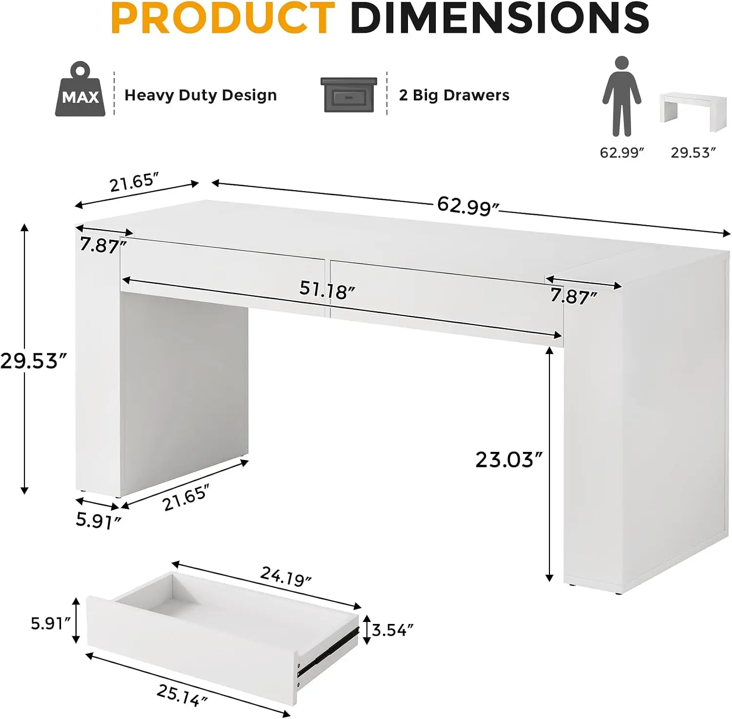 63 inches Vanity Desk with 2 Drawers, Makeup Vanity Desk with Storage, Dressing Table for Women, Girls, White (No Mirror)
