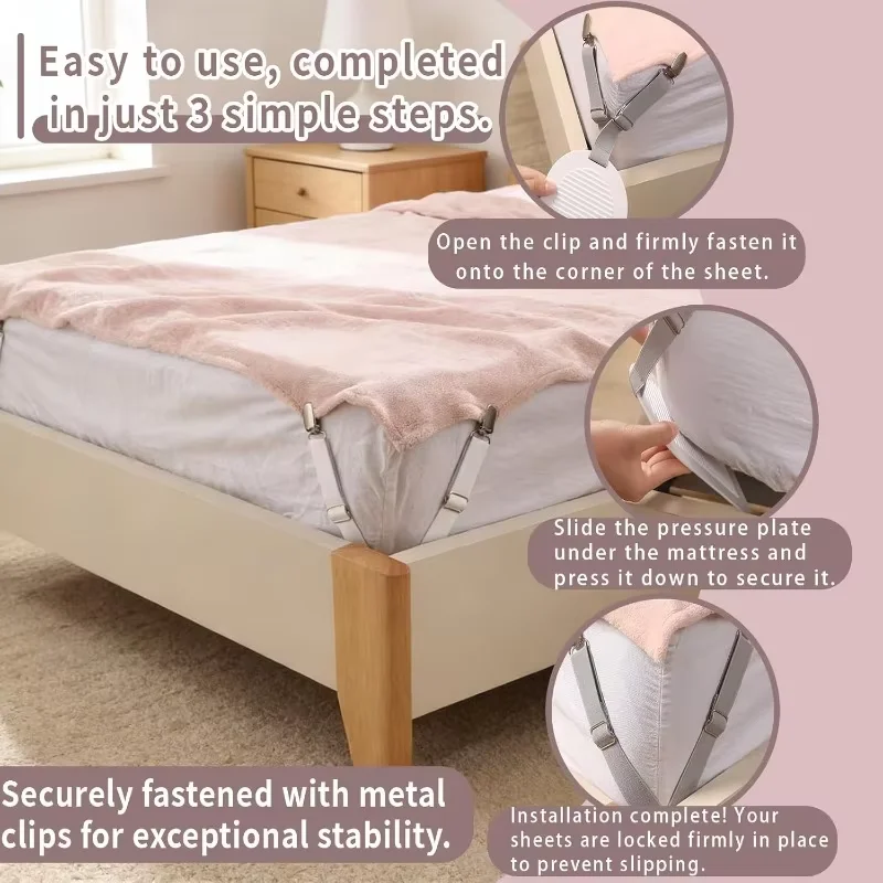 Bed Sheet Clips Adjustable Bed Sheet Holder Straps Set of 4 Elastic Fitted Bedding Clips Fasteners for Home Hotel image 5