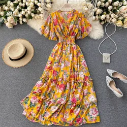 Elegant Chic V-neck ruffle print sweet Dress A-line Backless Casual short Sleeve Spring Summer Vacation dresses
