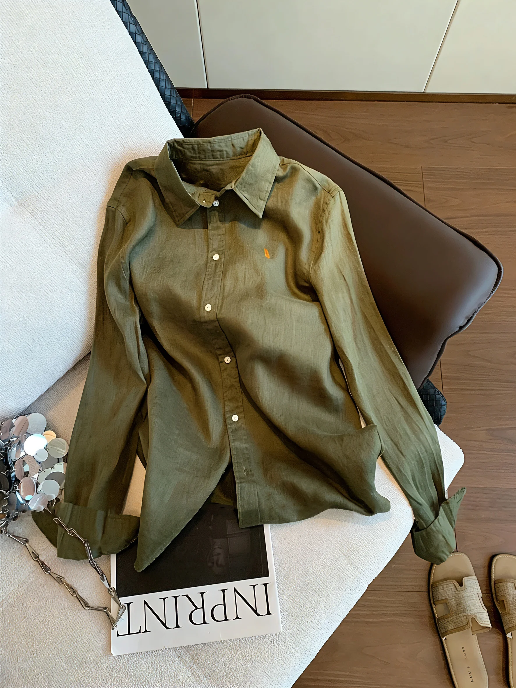 

Retro Green Embroidered Collar Shirt Loose Fit Unisex Spring Autumn High End Casual Fashion Lightweight Luxury Top