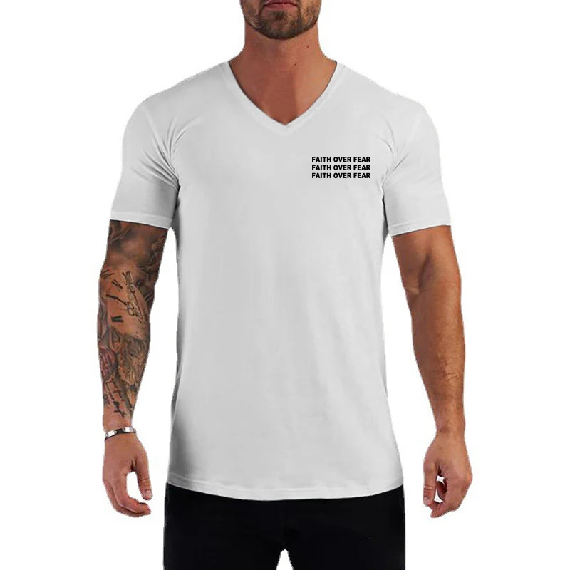 

Faith Over Fear Print Short Sleeve Tops Mens Bodybuilding Muscle T-shirt Gym Fitness Sport Shirt Cotton Cool Breathable Clothing