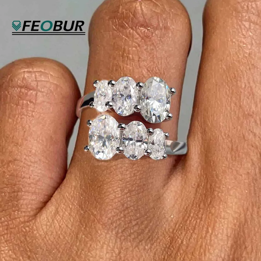 3.6Cttw Full Oval Moissanite Open Rings for Women Sparkling Lab Diamond Wedding Band S925 Sterling Silver Pinky Ring Jewelry