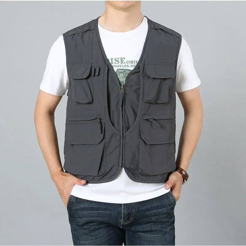 Fishing Leather Vests for Men Embroidered Vest Jackets Hunting Multi-pockets Multi-pocket Work MAN Fashion Plus Size Outerwear