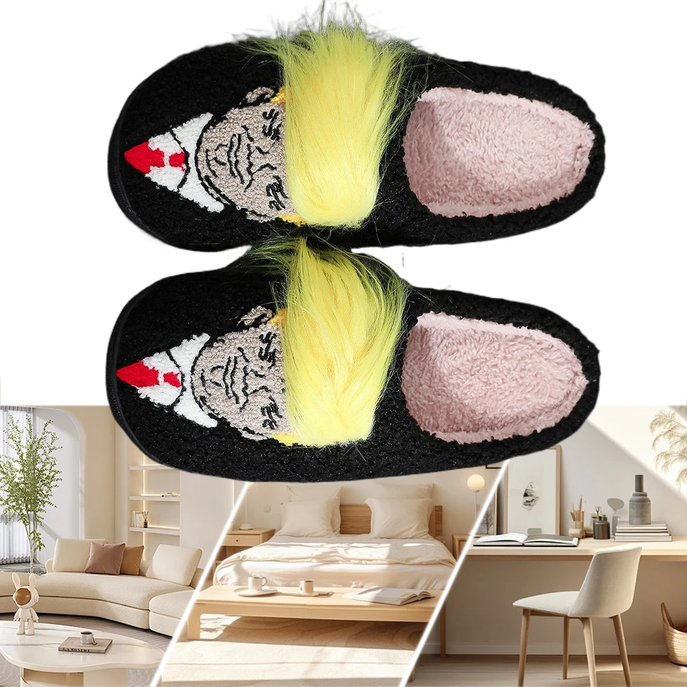 Plush Trump Wig Slippers Closed Toe Slippers Creative Warm Slip-on House Shoes Funny Thermal Slippers for Outdoor Indoor Bedroom