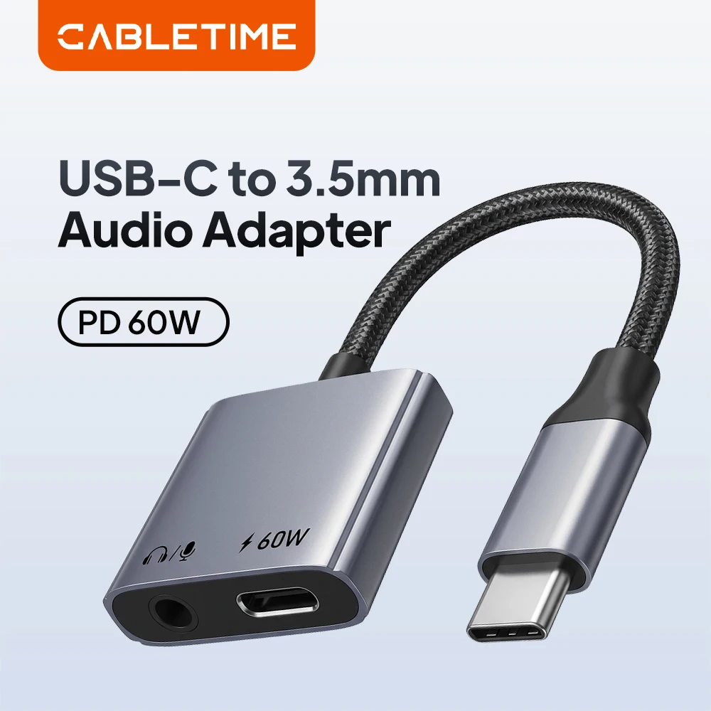 CABLETIME USB C to 3.5mm Audio Hub Adapter USB C Headphone Charger 2-in-1 PD 60W Fast Charger Adapter Hi-Fi for IPhone Xiaomi