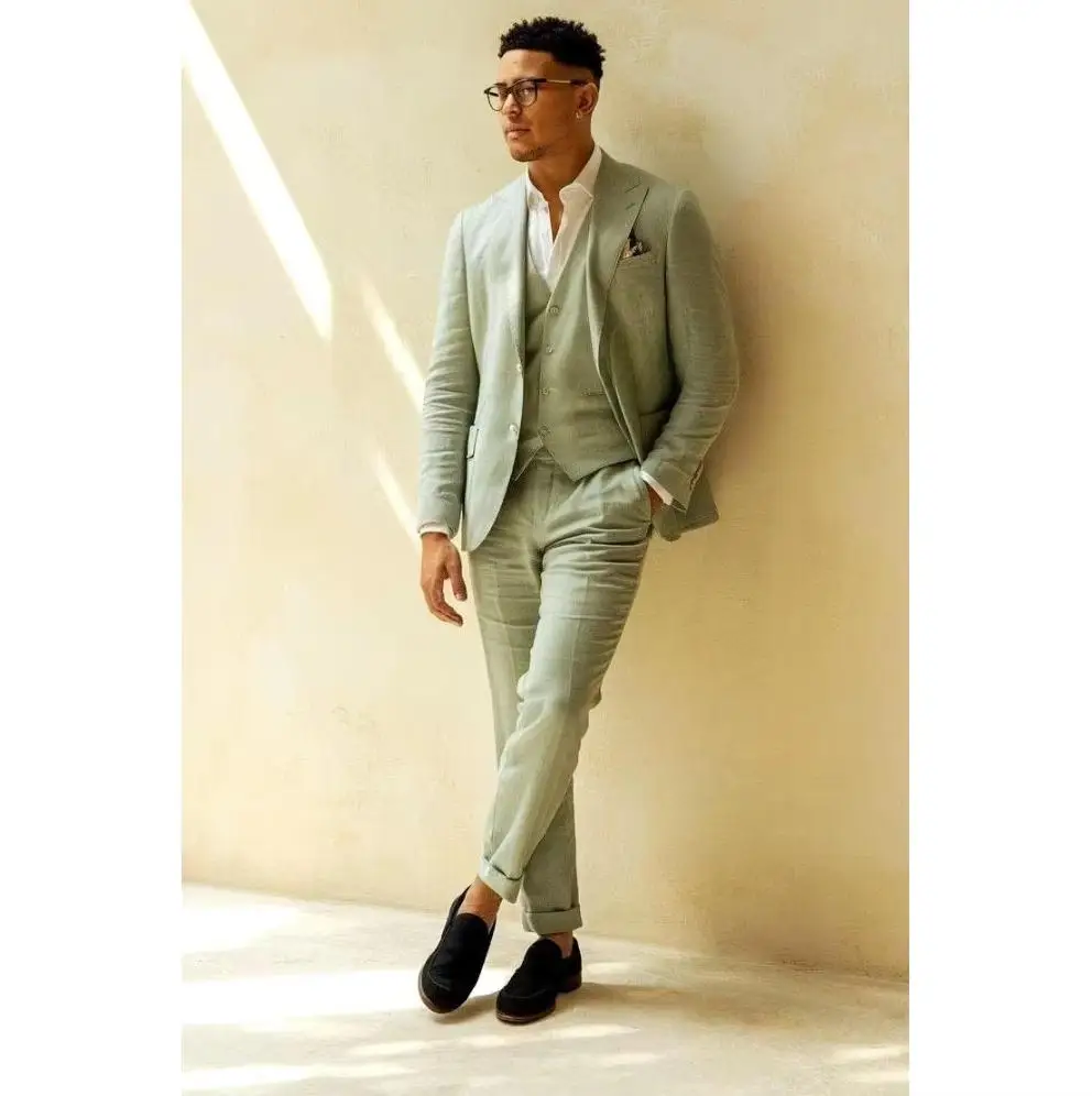 

Sage Green Men Suits Linen Wedding Suits Blazer Vest Pants Set for Groom Beach Party 3 Pieces Summer Slim Fit Formal Casual Wear