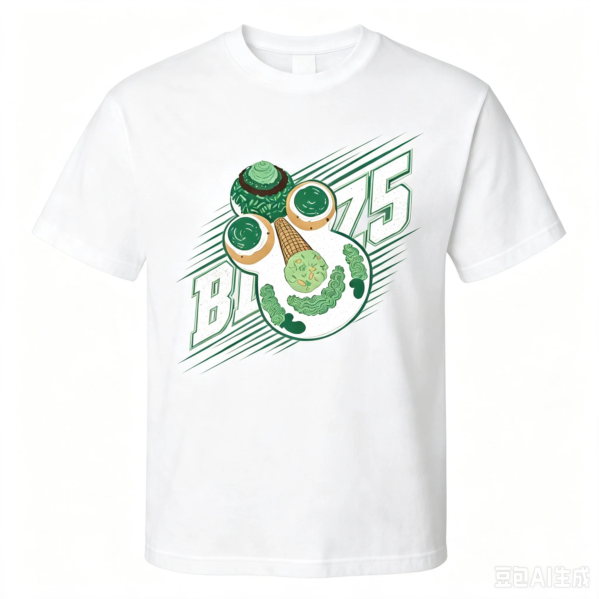 Retro Sport Number 75 T‑Shirt Funny Green Dessert Graphic Print Men Casual Street Short Sleeve Top