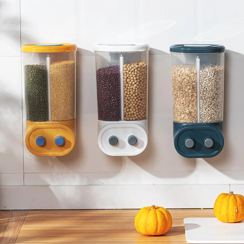 

Wall Mounted Food Grains Dispenser Kitchen Food Storage Box Sealed Moisture Proof Rice Grains Dispenser Containers Organizer