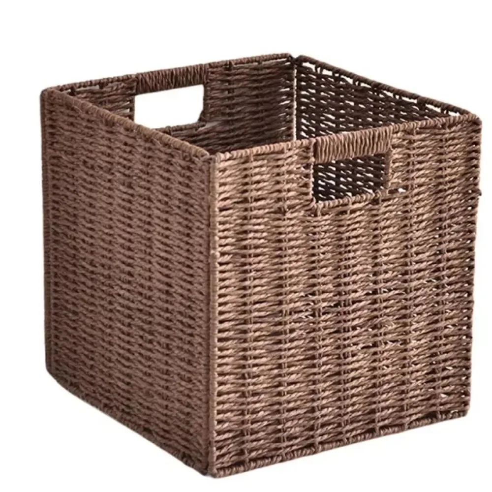 

Large Capacity Imitation Rattan Basket Hand Woven Square Foldable Storage Box Multifunctional Decorative Sundries Organizer