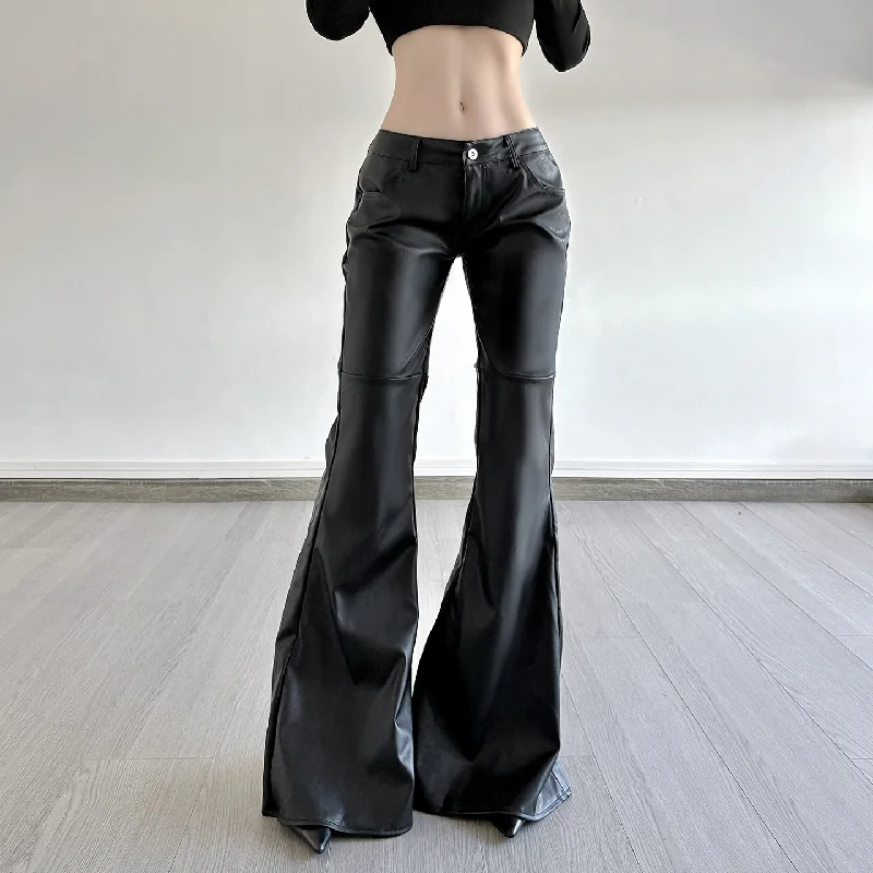 Dark Style Spicy Girl Personality Low Waist Leather Pants 2025 Autumn And Winter New Pu Leather Trumpet Pants