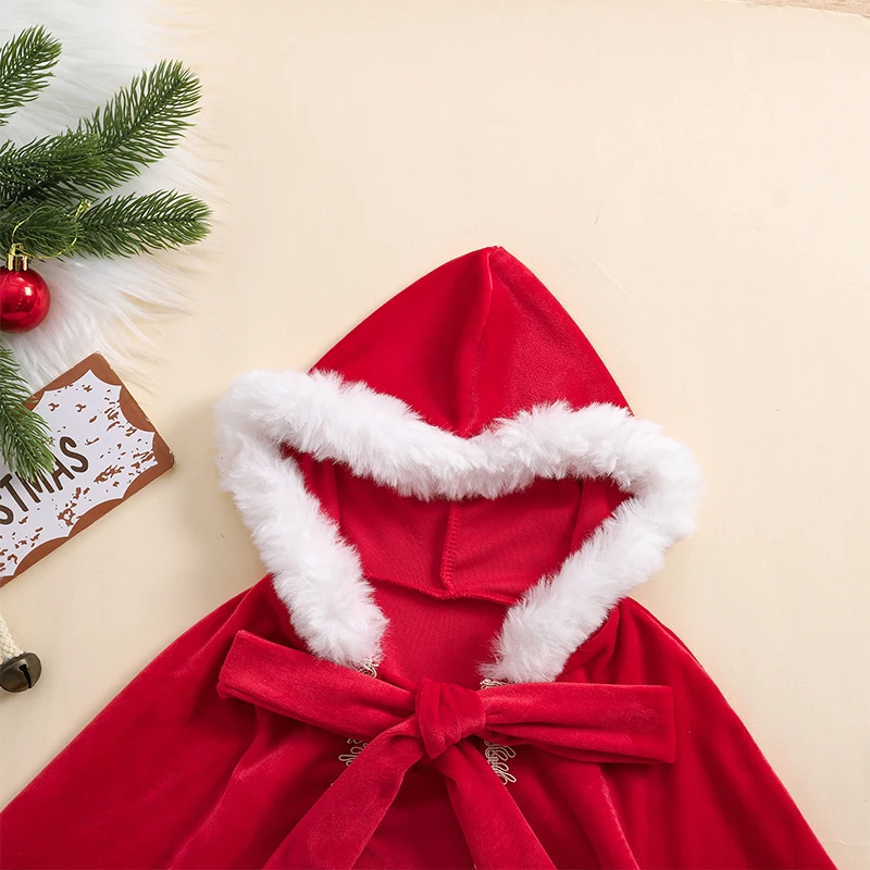 Cape à capuche en velours rouge pour filles, Everak avec garniture en fausse fourrure, costume de cosplay, habillage de fête de Noël