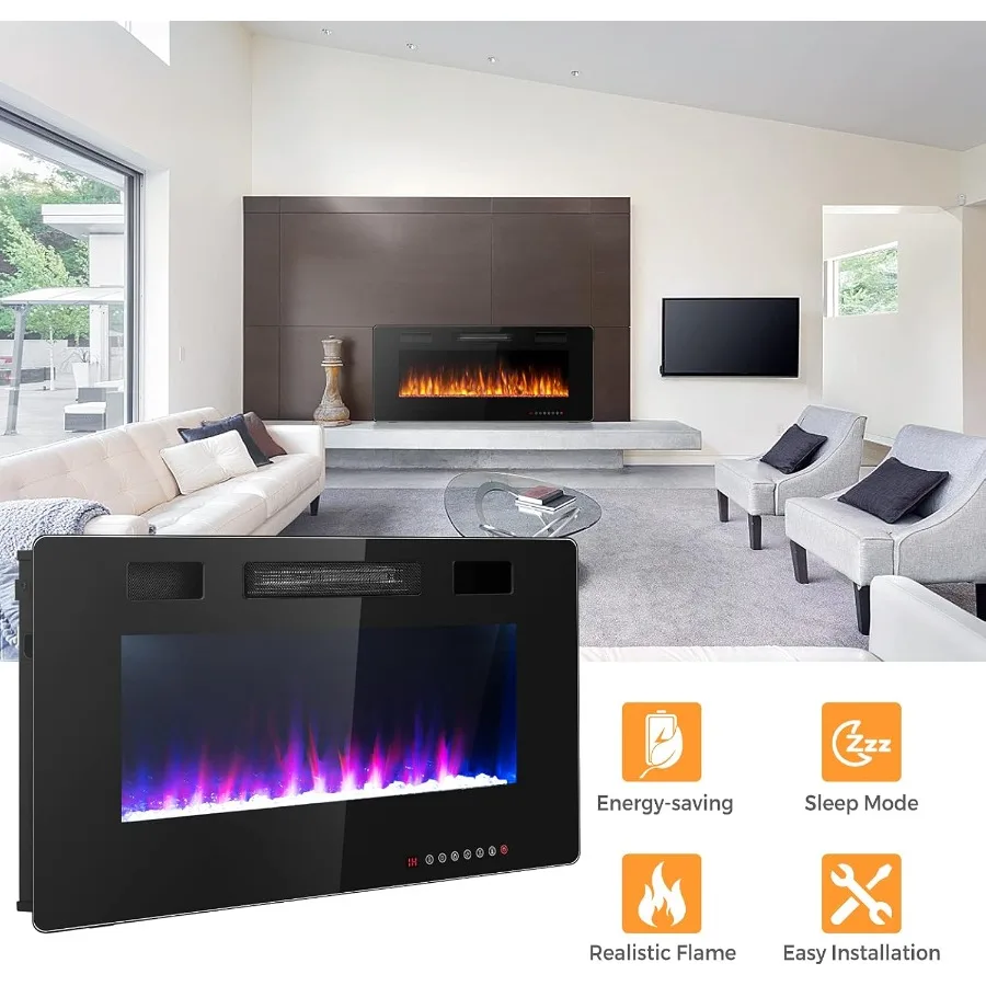 مدفأة كهربائية 42 بوصة 750 وات/1500 وات مدفأة مثبتة على الحائط مع جهاز تحكم عن بعد لغرف المعيشة الداخلية 12