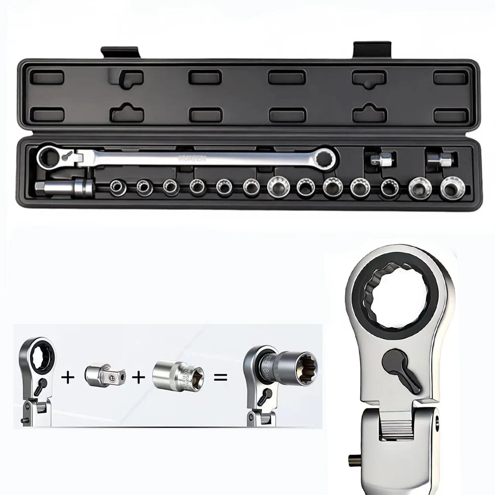 72 Tooth Pass Through Ratchet Socket Wrench Set 180 Swivel Head Alloy Steel For Automotive Repair Tools