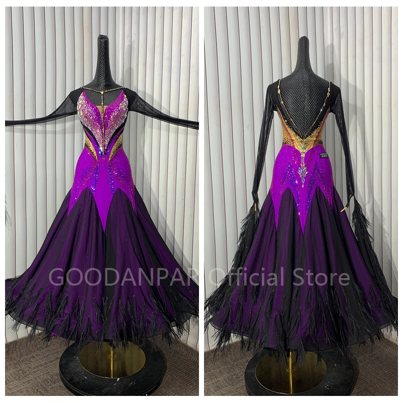 

GOODANPAR, новое стандартное платье для бальных танцев с длинными рукавами, женский костюм для соревнований для девочек, лайкра со страусиными перьями