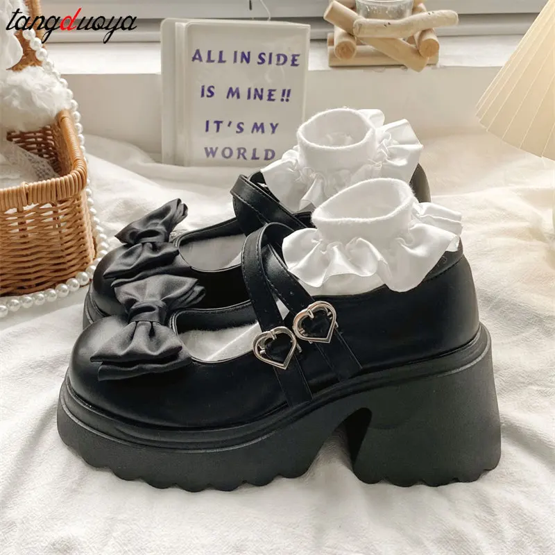 Lovely Lolita Shoes for Women Sweet Bowtie Platform Mary Janes shoes Woman college style Jk Uniform shoes Pu Leather Flats 2024